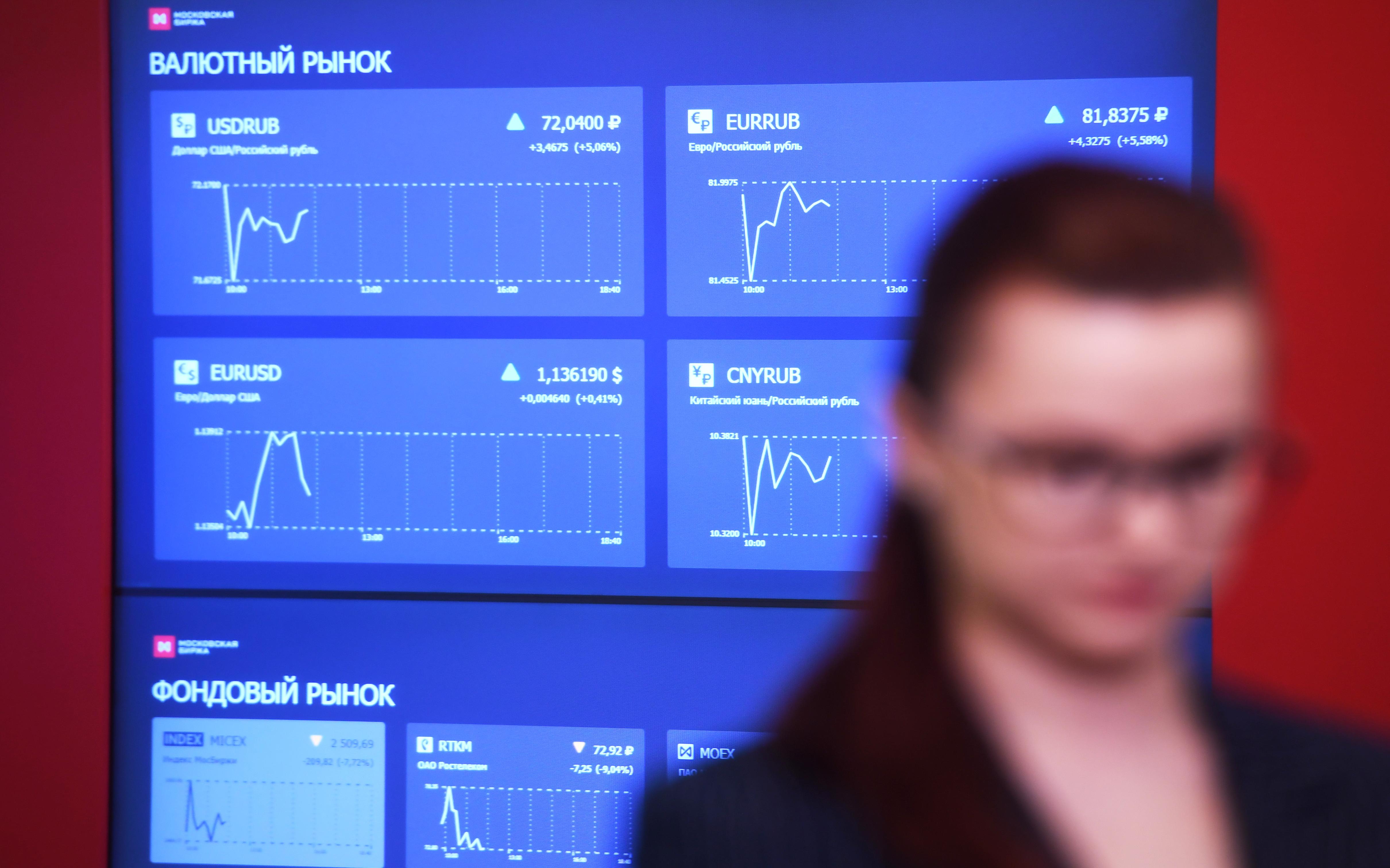Монитор в офисе Мосбиржи с интерактивными онлайн-графиками курса доллара, евро, нефти