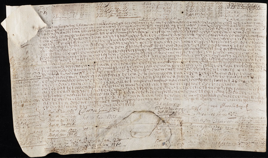 Рукописная вечная облигация на пергаменте, выданная голландским управлением водного хозяйства, ответственным за содержание местных дамб, Hoogheemraadschap Lekdijk Bovendams в 1648 году.